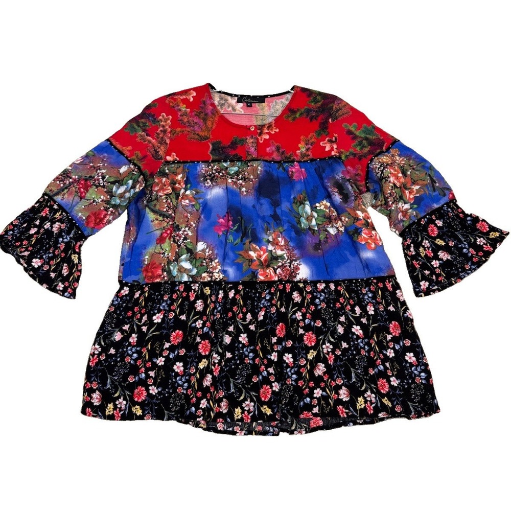 Calessa Vibrant Boho Artsy Mixed Pattern Tiered Tunic Top 3/4 Flare Sleeves XL